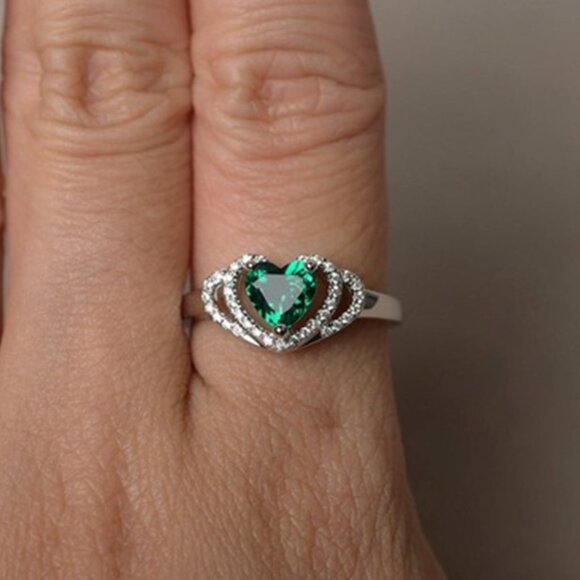 Sweet Multi Layer Hollow Heart Green Crystal Clear CZ Rings for Women, PD324 - Picture 2 of 3